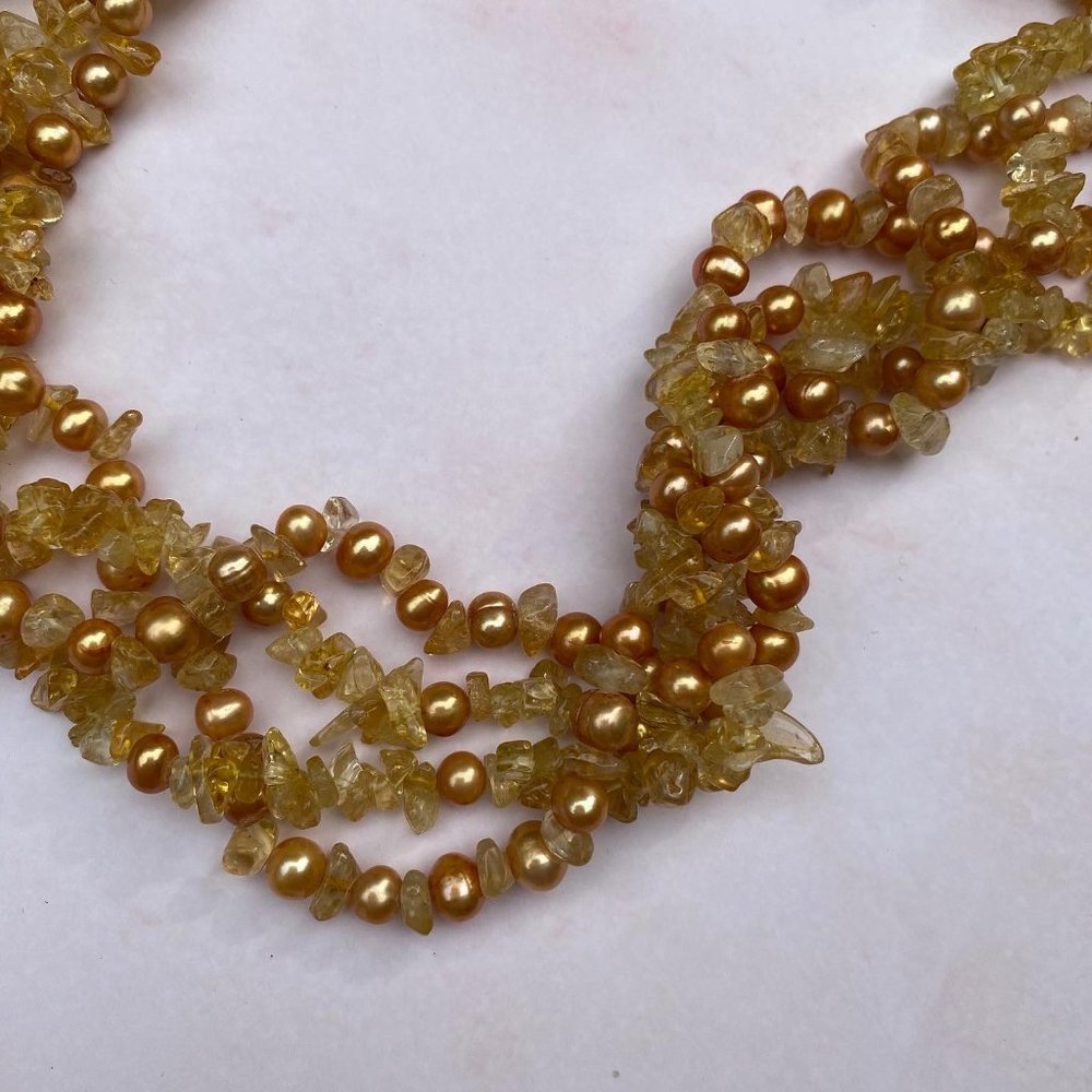 Amber and Fresh Water Pearl 4-strand Twist Necklace with .925 Silver Clasp NWOT